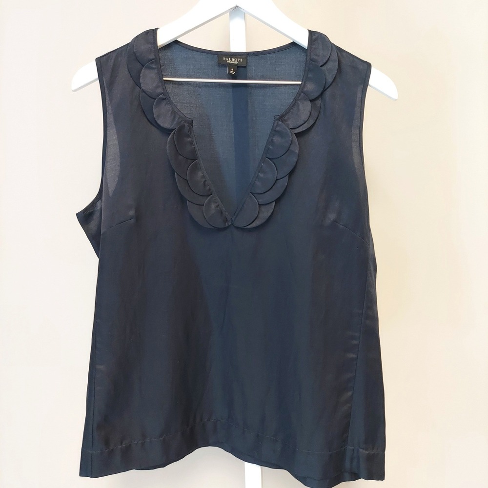 Talbots Navy Blue Scallop VNeck Silk Cotton Blend Shell Blouse 8 Minimalist